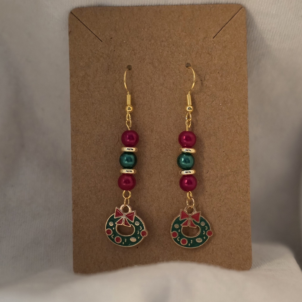 Festive Gold and Green Wreath Earrings